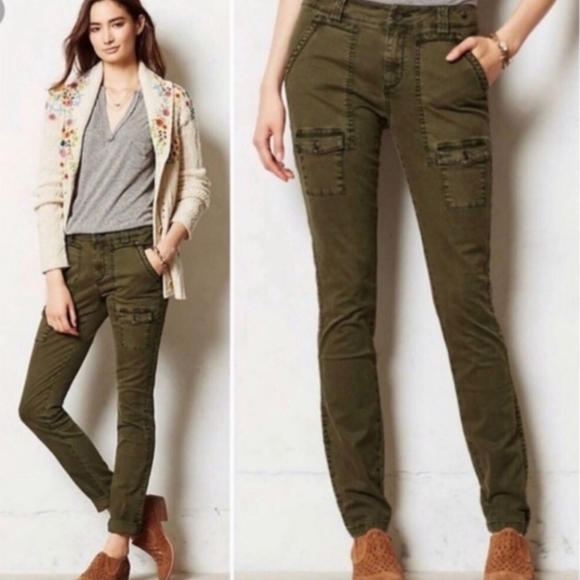 {Anthro} Pilcro & the Letterpress Tiri Olive Cargo Pants Women's Size 4 Petite - Picture 1 of 12